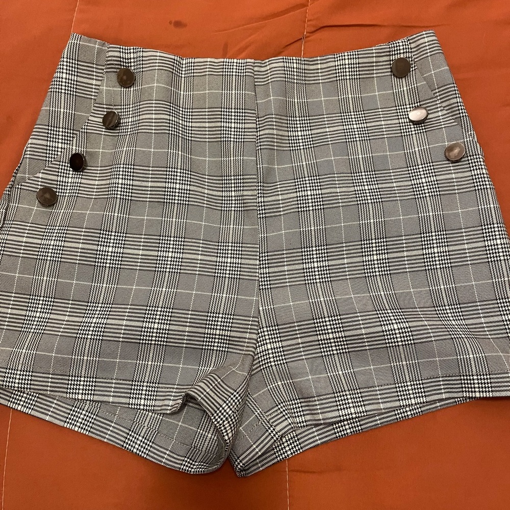 SHEIN Gray Plaid High Waist Shorts with Button Accents